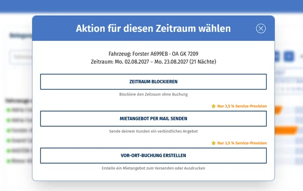 Belegungskalender: Aktion für einen Zeitraum wählen – Zeitraum blockieren, Mietangebot per Mail senden oder Vor-Ort-Buchung erstellen, die beiden letzten mit dem Hinweis Nur 3,5 % Service-Provision