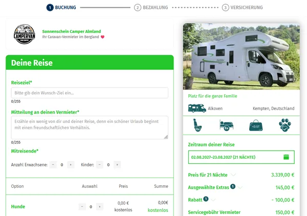 Buchungsseite im Design eines Vermieters: Logo und Name des Vermieters, Reiseziel, Mitteilung und Mitreisende, rechts Camper, Zeitraum, Preis, Extras und Rabatt