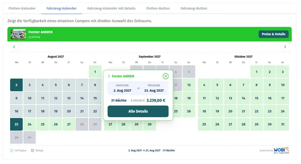 Fahrzeug-Kalender für einen einzelnen Camper über drei Monate, mit gewähltem Zeitraum, rabattiertem Gesamtpreis und Button zu allen Details