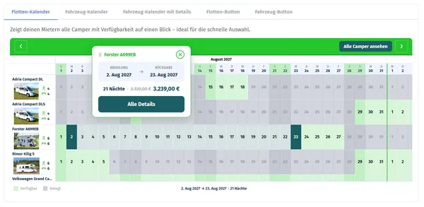 Flotten-Kalender in den Farben eines Vermieters: alle Camper mit freien und belegten Tagen, darüber der gewählte Zeitraum mit Abholung, Rückgabe und rabattiertem Gesamtpreis