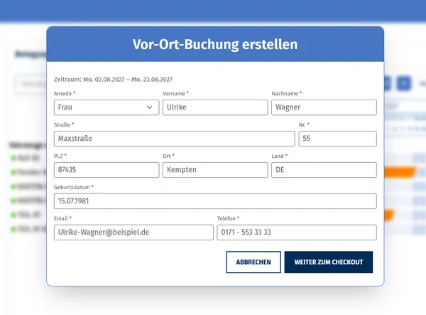Vor-Ort-Buchung erstellen: Zeitraum, Anrede, Name, Anschrift, Geburtsdatum, E-Mail und Telefon des Kunden, weiter zum Checkout